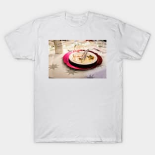 : An empty plate with only a little leftover crumbs, the empty wine glass has fallen over T-Shirt